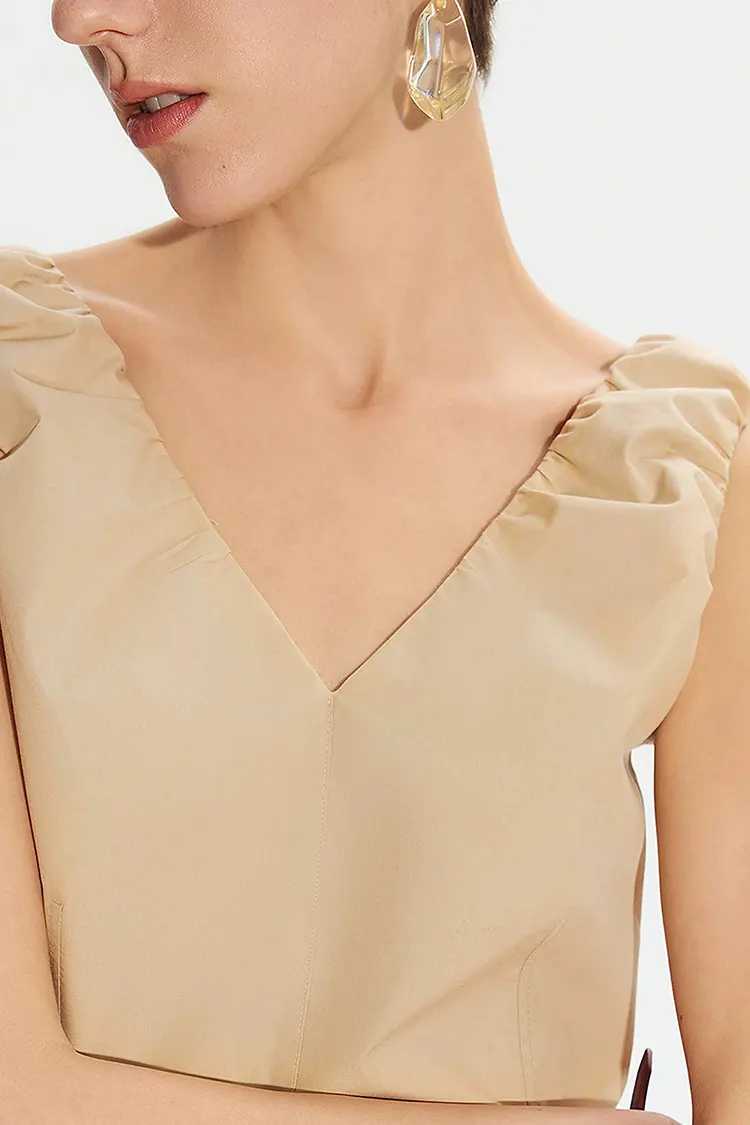 Women's New Khaki Office Sleeveless V-Neck Dress